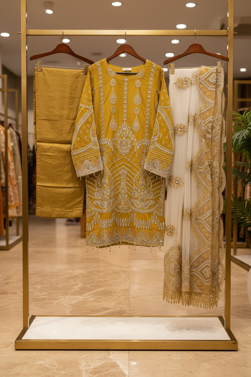 IMRZ | Mustard Gold | Luxury Pakistani Organza Shalwar Kameez | Hand Embellished Embroidery & Premium Detailing | 3 Piece Suit | Festive & Occasion Wear