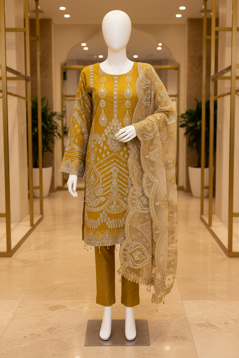 IMRZ | Mustard Gold | Luxury Pakistani Organza Shalwar Kameez | Hand Embellished Embroidery & Premium Detailing | 3 Piece Suit | Festive & Occasion Wear