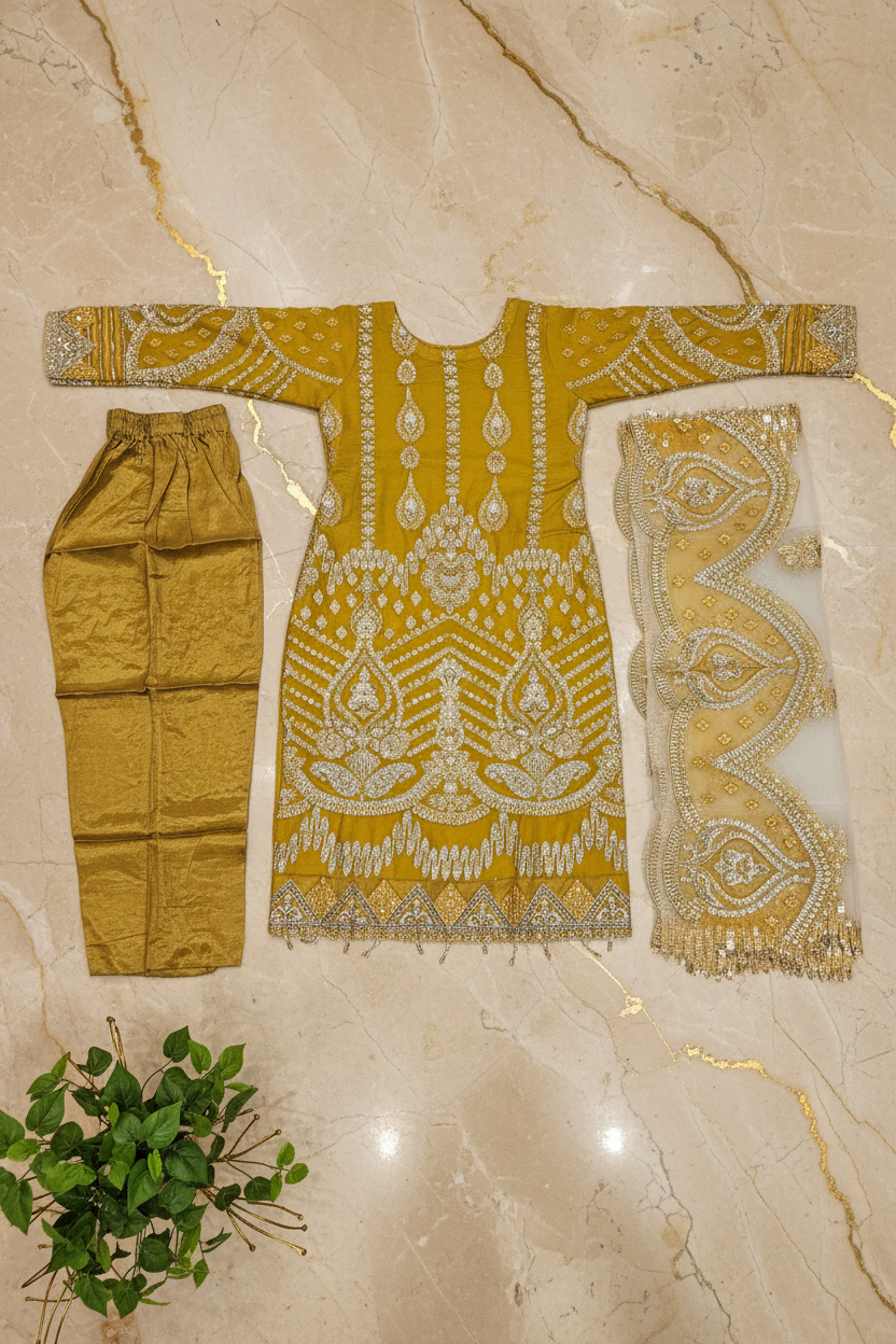 IMRZ | Mustard Gold | Luxury Pakistani Organza Shalwar Kameez | Hand Embellished Embroidery & Premium Detailing | 3 Piece Suit | Festive & Occasion Wear