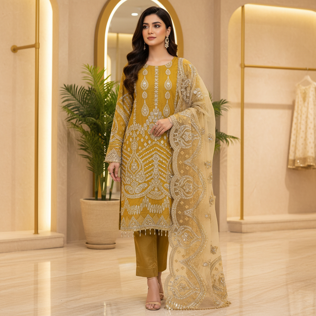 IMRZ | Mustard Gold | Luxury Pakistani Organza Shalwar Kameez | Hand Embellished Embroidery & Premium Detailing | 3 Piece Suit | Festive & Occasion Wear