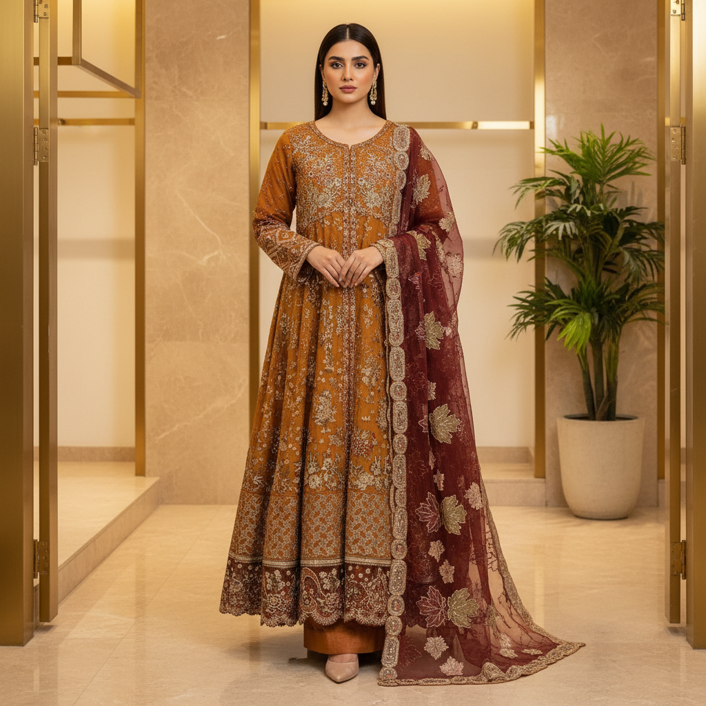 JZM | Terracotta Bronze | Rust Orange Pakistani Maxi Dress | Luxury Hand Embellished Heavy Embroidery | Embroidered Organza Dupatta | Pakistani Occasion Wear