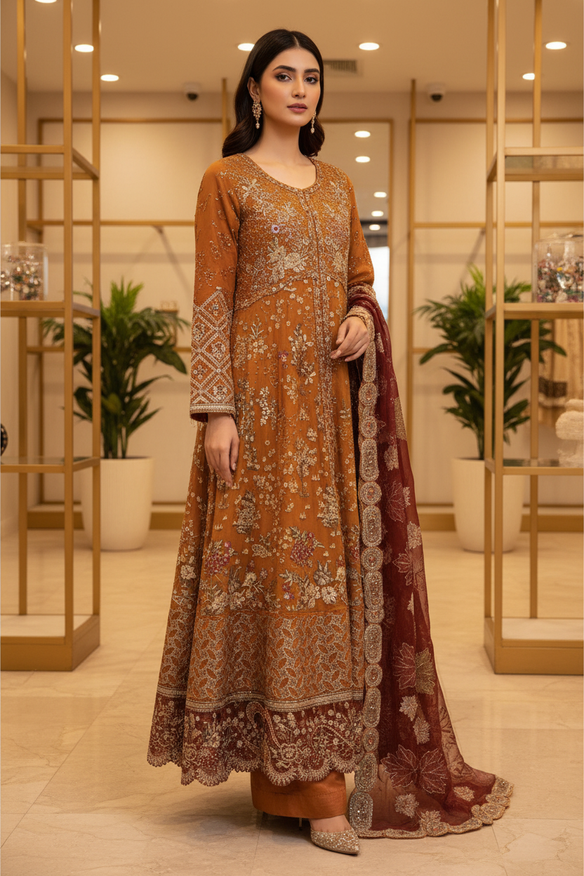JZM | Terracotta Bronze | Rust Orange Pakistani Maxi Dress | Luxury Hand Embellished Heavy Embroidery | Embroidered Organza Dupatta | Pakistani Occasion Wear