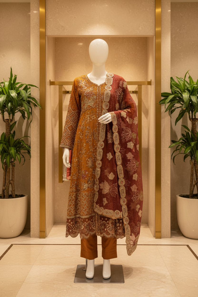 JZM | Terracotta Bronze | Rust Orange Pakistani Maxi Dress | Luxury Hand Embellished Heavy Embroidery | Embroidered Organza Dupatta | Pakistani Occasion Wear