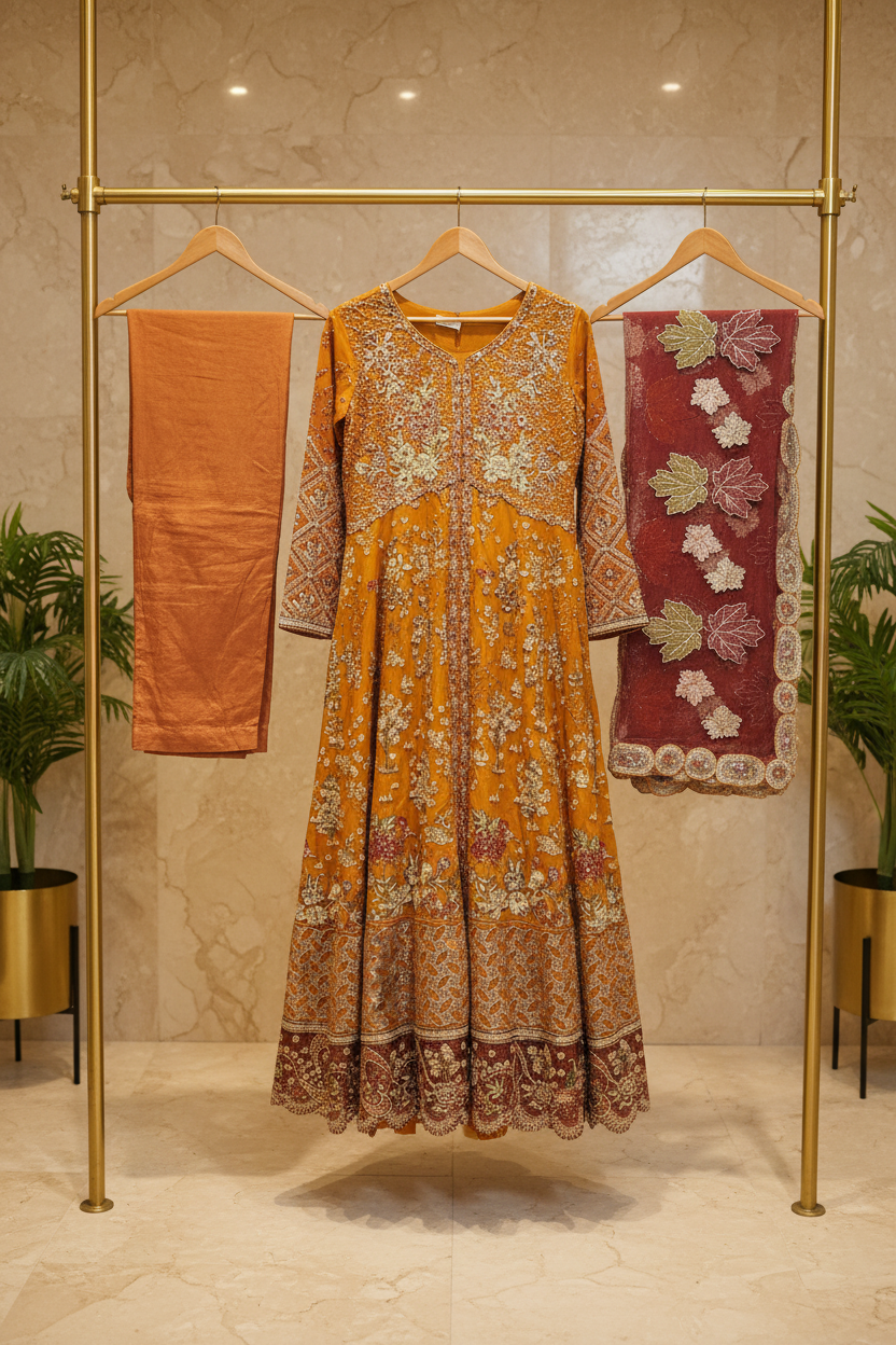 JZM | Terracotta Bronze | Rust Orange Pakistani Maxi Dress | Luxury Hand Embellished Heavy Embroidery | Embroidered Organza Dupatta | Pakistani Occasion Wear