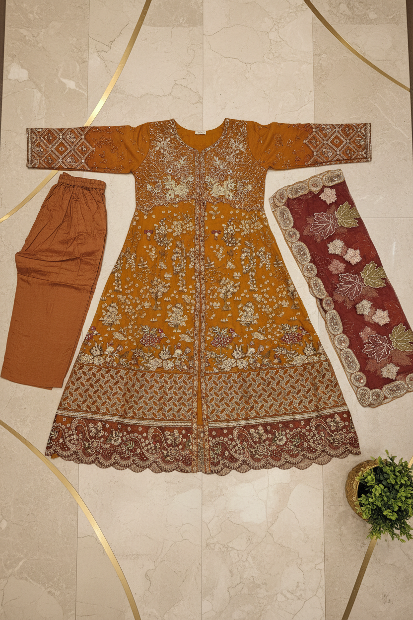 JZM | Terracotta Bronze | Rust Orange Pakistani Maxi Dress | Luxury Hand Embellished Heavy Embroidery | Embroidered Organza Dupatta | Pakistani Occasion Wear