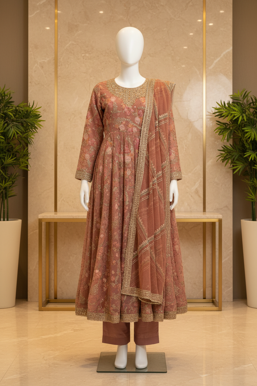 ELF | Dusty Rose | Luxury Pakistani Chiffon Maxi Dress | Floral Silk Lining with Printed Chiffon Overlay | Embroidered Organza Dupatta | Luxury Outfit