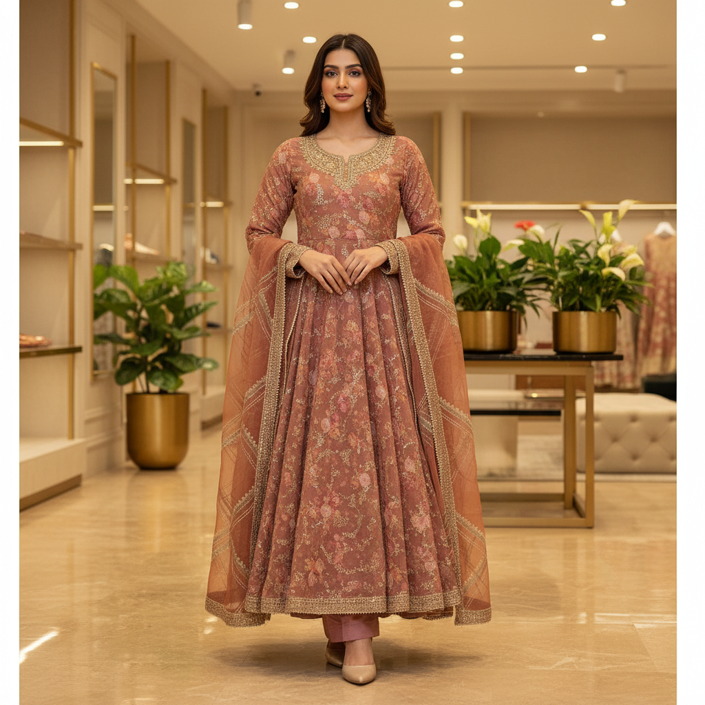 ELF | Dusty Rose | Luxury Pakistani Chiffon Maxi Dress | Floral Silk Lining with Printed Chiffon Overlay | Embroidered Organza Dupatta | Luxury Outfit