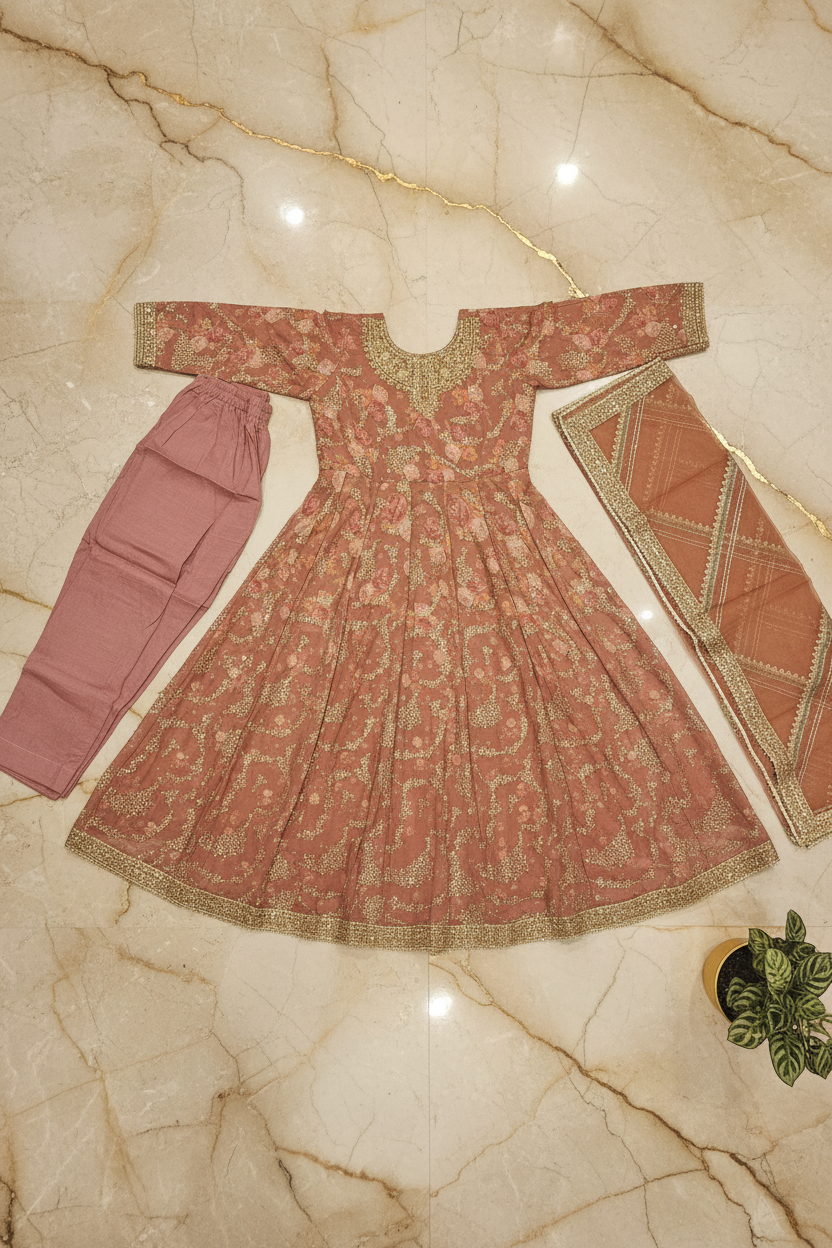 ELF | Dusty Rose | Luxury Pakistani Chiffon Maxi Dress | Floral Silk Lining with Printed Chiffon Overlay | Embroidered Organza Dupatta | Luxury Outfit