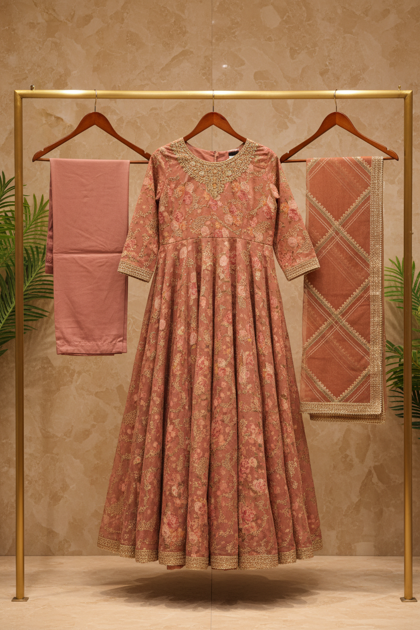 ELF | Dusty Rose | Luxury Pakistani Chiffon Maxi Dress | Floral Silk Lining with Printed Chiffon Overlay | Embroidered Organza Dupatta | Luxury Outfit