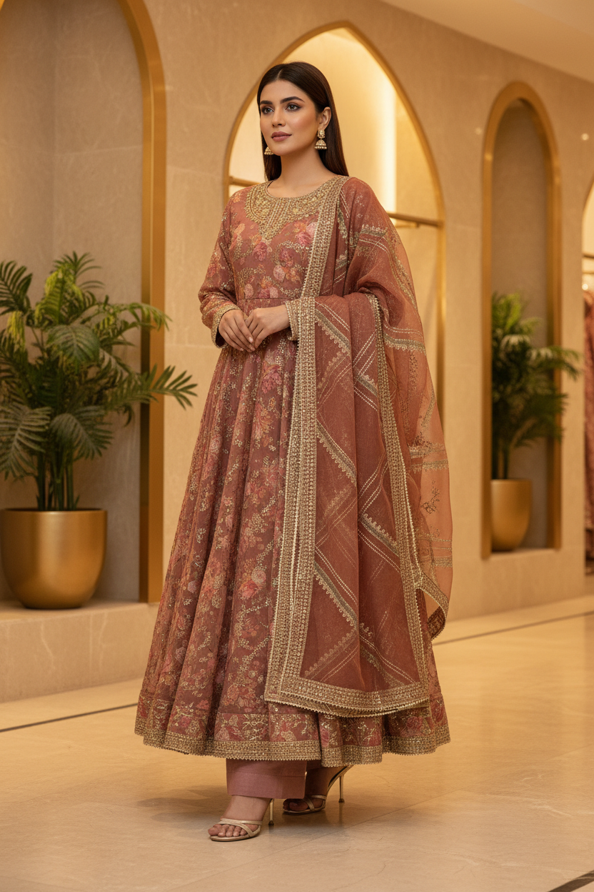 ELF | Dusty Rose | Luxury Pakistani Chiffon Maxi Dress | Floral Silk Lining with Printed Chiffon Overlay | Embroidered Organza Dupatta | Luxury Outfit