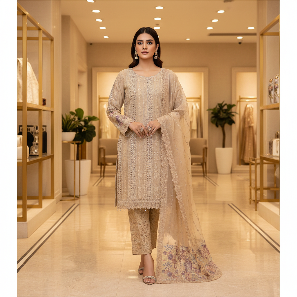 MB | Luxury Embellished Chiffon Pakistani Suit | Designer Embroidered Shalwar Kameez | 3 Piece Suit with Chiffon Dupatta | Petal Peach, Glacier Mist & Champagne Sand