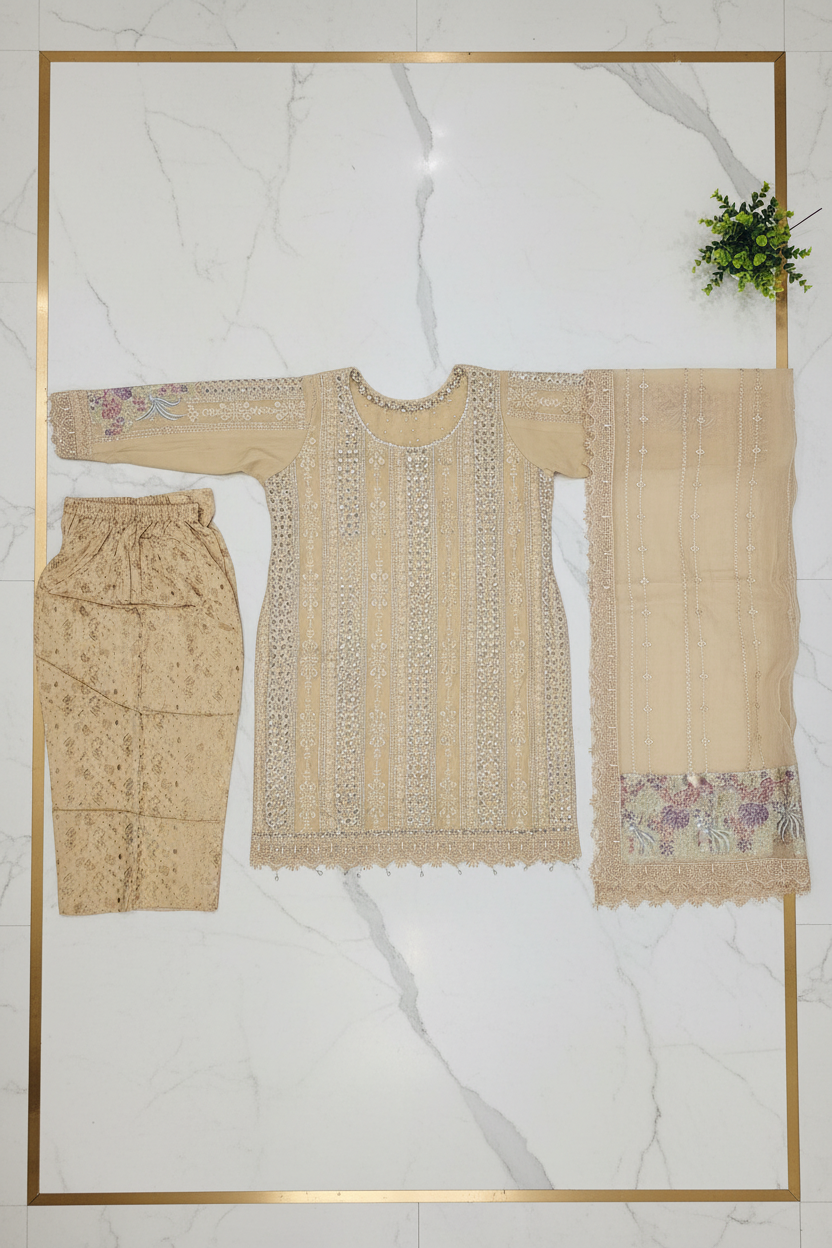MB | Luxury Embellished Chiffon Pakistani Suit | Designer Embroidered Shalwar Kameez | 3 Piece Suit with Chiffon Dupatta | Petal Peach, Glacier Mist & Champagne Sand