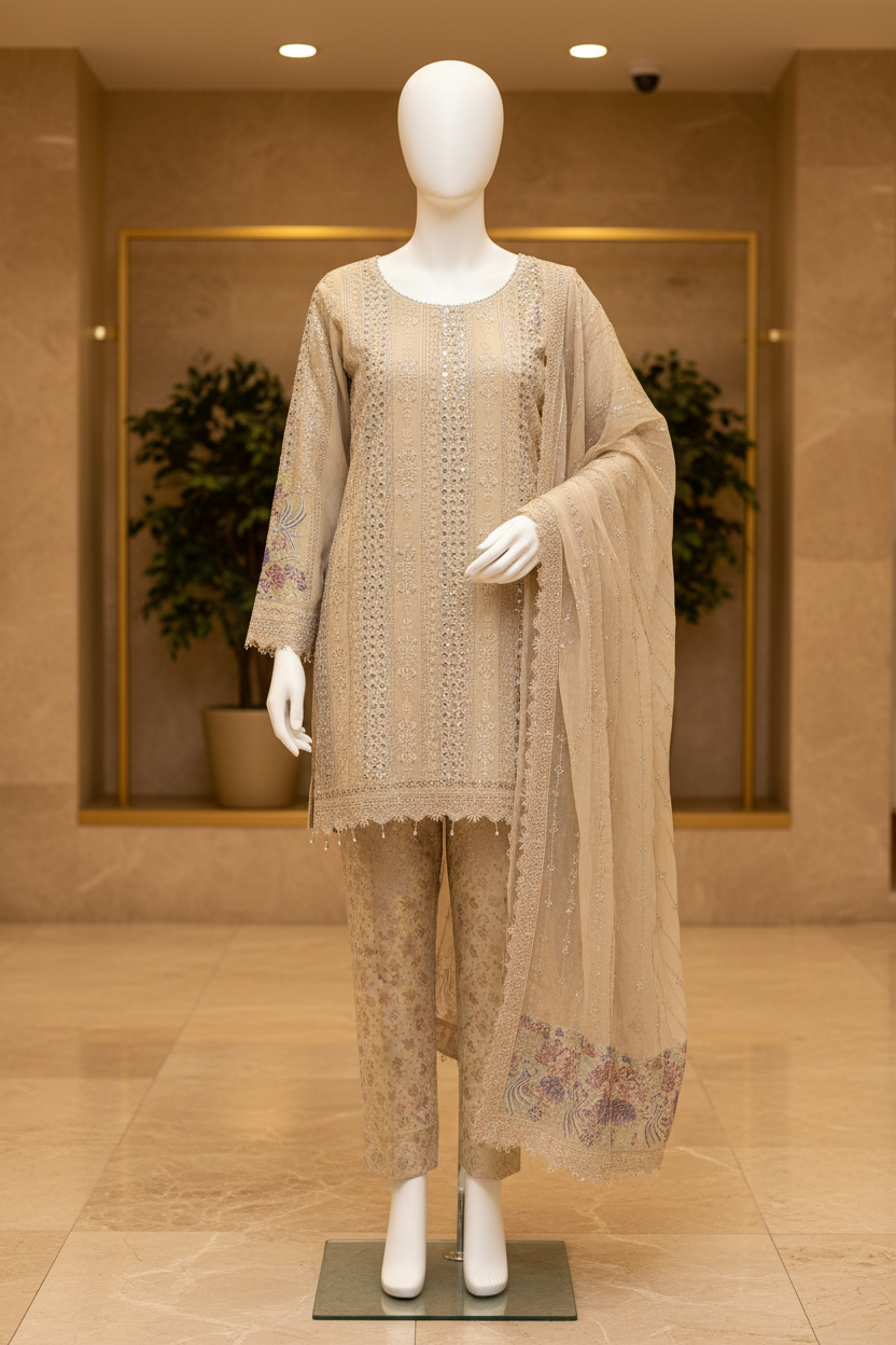 MB | Luxury Embellished Chiffon Pakistani Suit | Designer Embroidered Shalwar Kameez | 3 Piece Suit with Chiffon Dupatta | Petal Peach, Glacier Mist & Champagne Sand