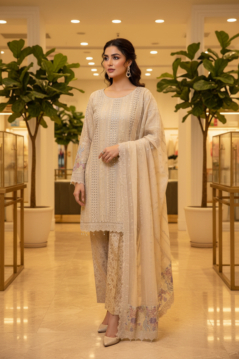 MB | Luxury Embellished Chiffon Pakistani Suit | Designer Embroidered Shalwar Kameez | 3 Piece Suit with Chiffon Dupatta | Petal Peach, Glacier Mist & Champagne Sand