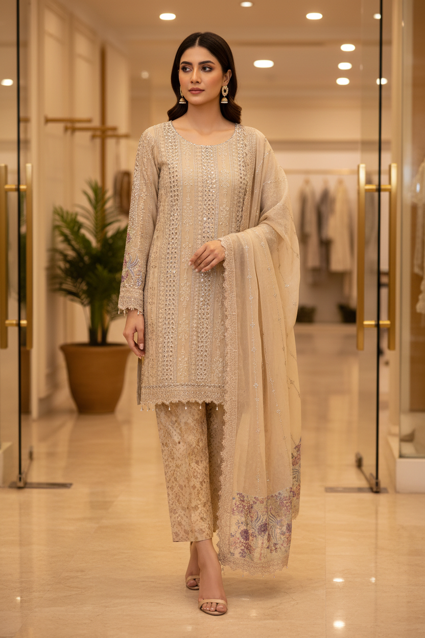MB | Luxury Embellished Chiffon Pakistani Suit | Designer Embroidered Shalwar Kameez | 3 Piece Suit with Chiffon Dupatta | Petal Peach, Glacier Mist & Champagne Sand