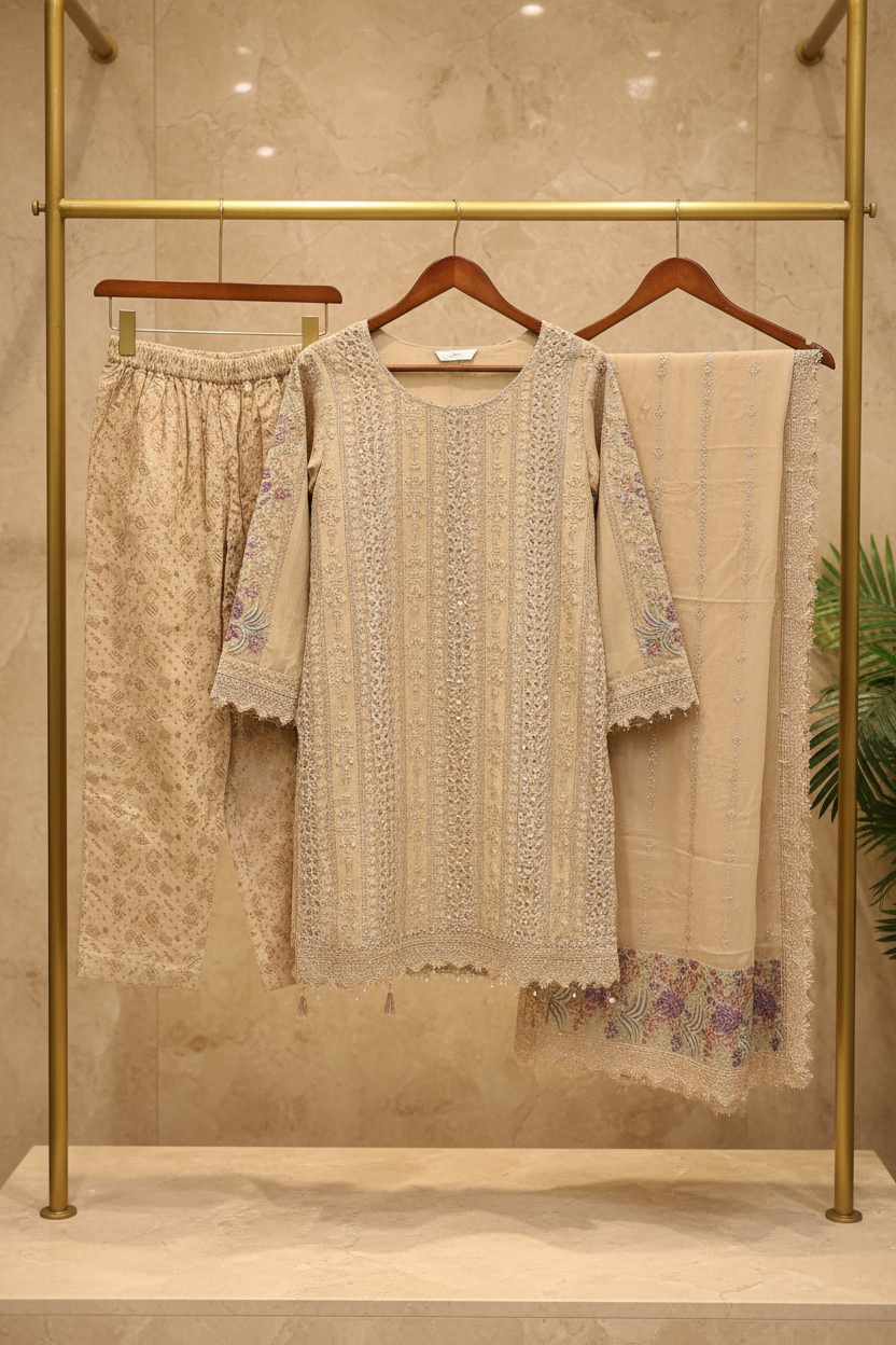 MB | Luxury Embellished Chiffon Pakistani Suit | Designer Embroidered Shalwar Kameez | 3 Piece Suit with Chiffon Dupatta | Petal Peach, Glacier Mist & Champagne Sand