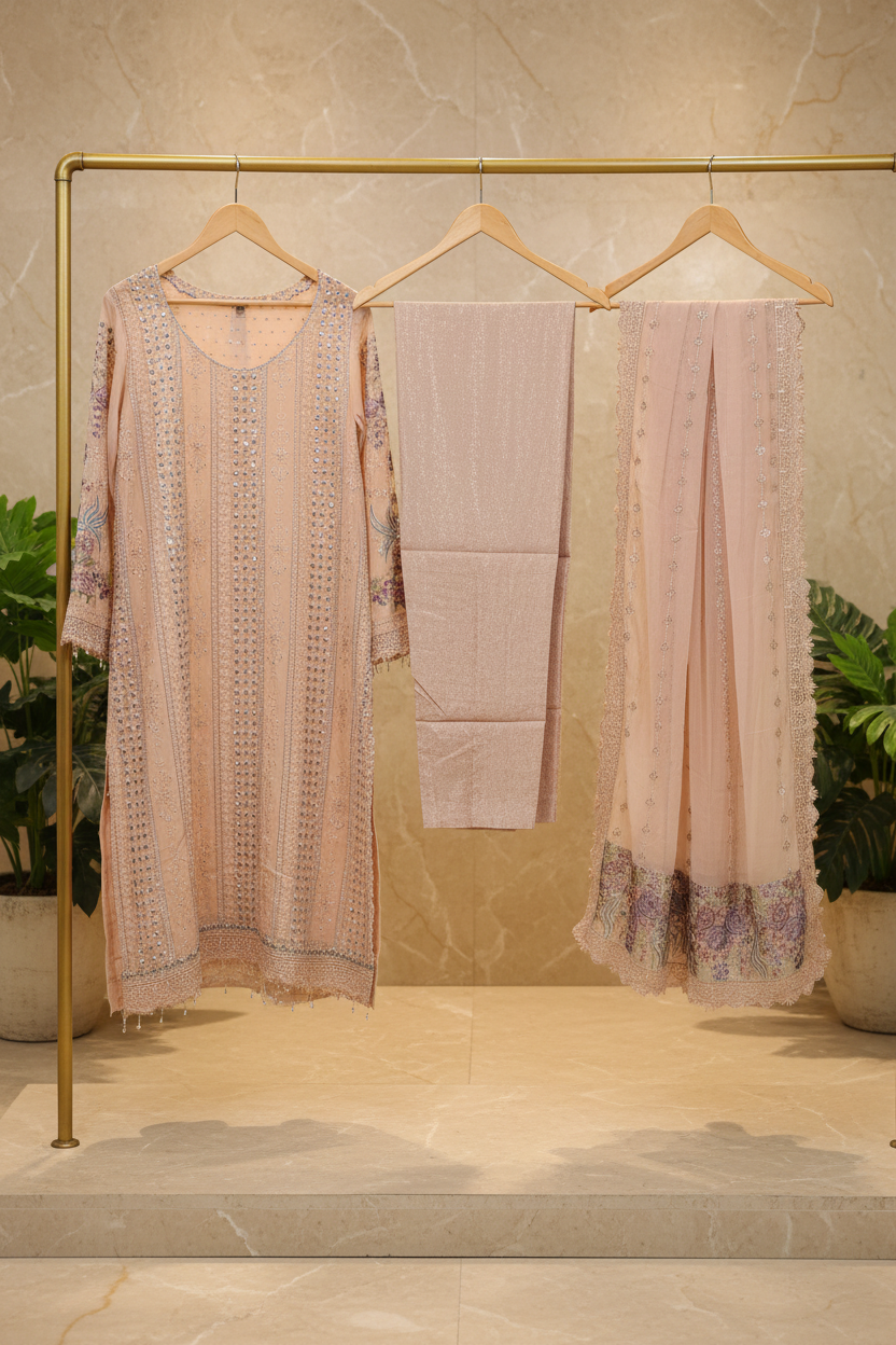 MB | Luxury Embellished Chiffon Pakistani Suit | Designer Embroidered Shalwar Kameez | 3 Piece Suit with Chiffon Dupatta | Petal Peach, Glacier Mist & Champagne Sand