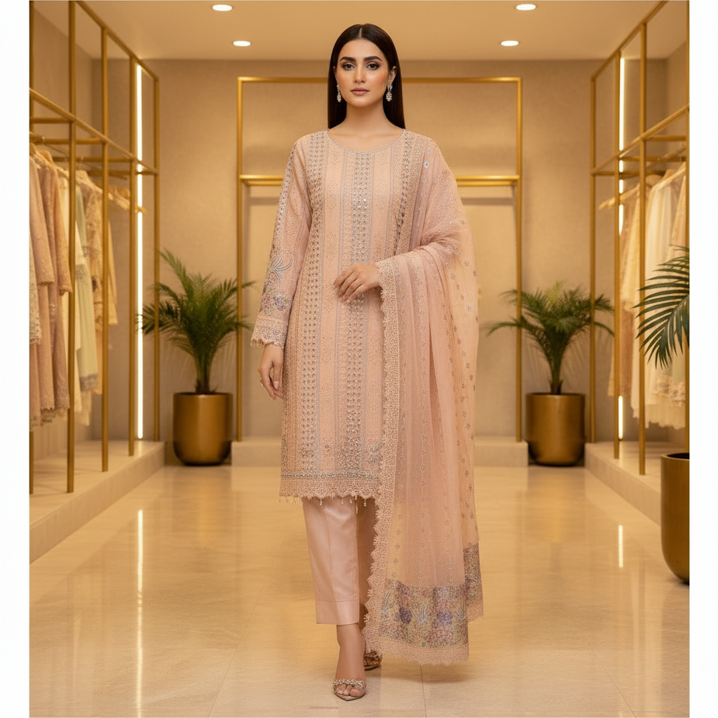 MB | Luxury Embellished Chiffon Pakistani Suit | Designer Embroidered Shalwar Kameez | 3 Piece Suit with Chiffon Dupatta | Petal Peach, Glacier Mist & Champagne Sand