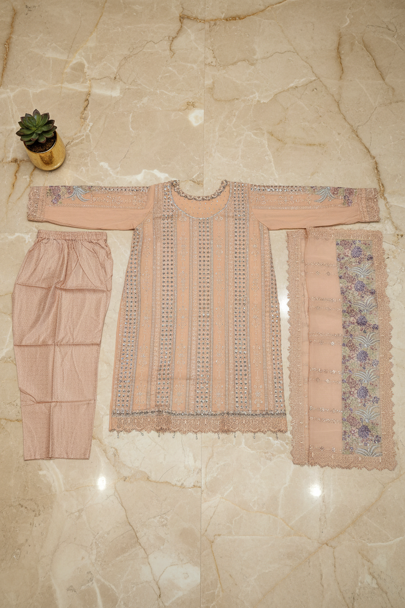 MB | Luxury Embellished Chiffon Pakistani Suit | Designer Embroidered Shalwar Kameez | 3 Piece Suit with Chiffon Dupatta | Petal Peach, Glacier Mist & Champagne Sand