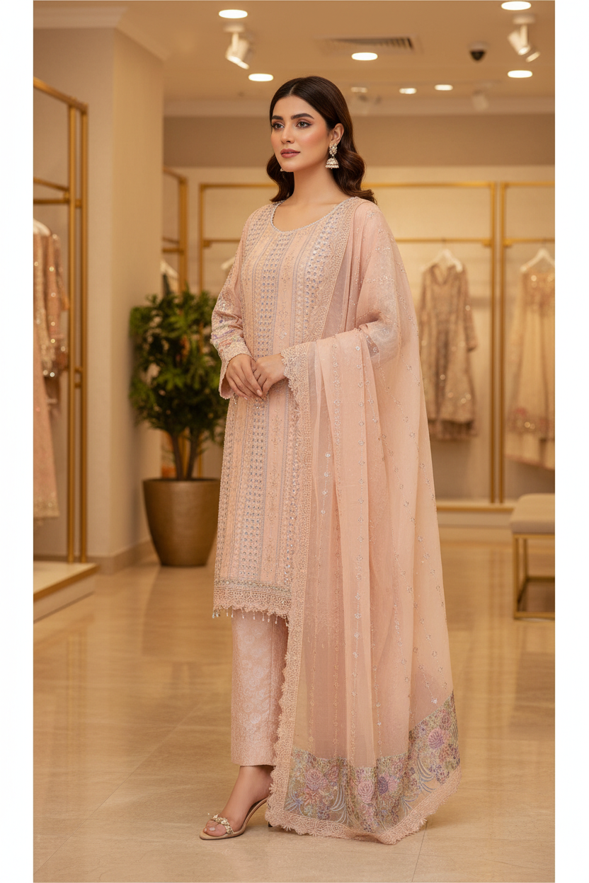 MB | Luxury Embellished Chiffon Pakistani Suit | Designer Embroidered Shalwar Kameez | 3 Piece Suit with Chiffon Dupatta | Petal Peach, Glacier Mist & Champagne Sand