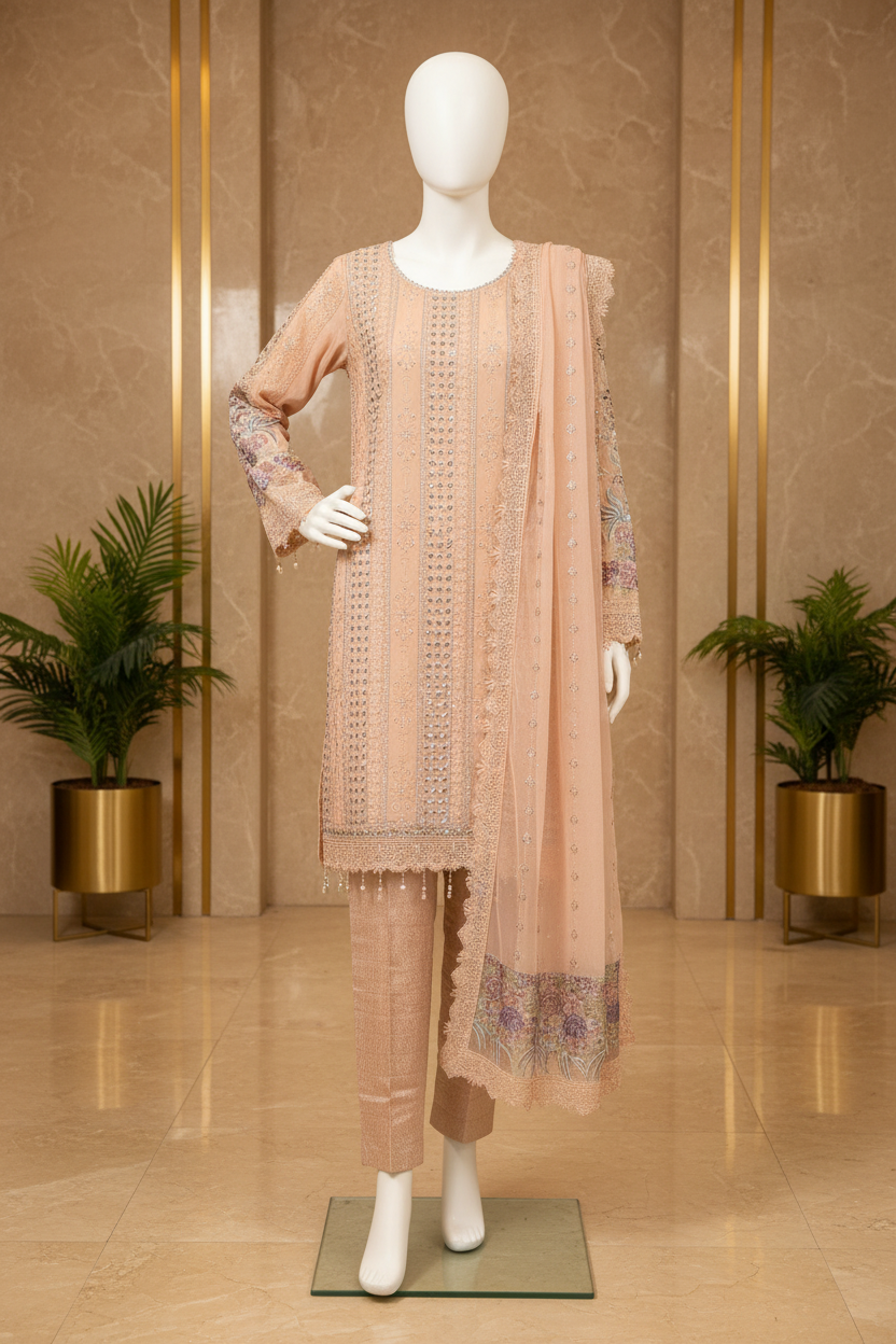 MB | Luxury Embellished Chiffon Pakistani Suit | Designer Embroidered Shalwar Kameez | 3 Piece Suit with Chiffon Dupatta | Petal Peach, Glacier Mist & Champagne Sand