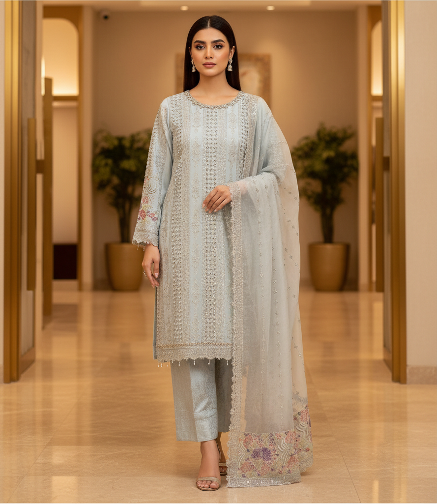 MB | Luxury Embellished Chiffon Pakistani Suit | Designer Embroidered Shalwar Kameez | 3 Piece Suit with Chiffon Dupatta | Petal Peach, Glacier Mist & Champagne Sand