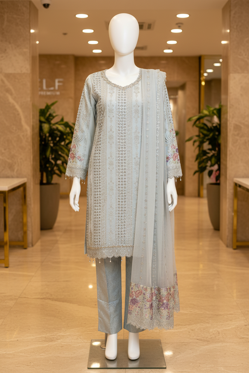 MB | Luxury Embellished Chiffon Pakistani Suit | Designer Embroidered Shalwar Kameez | 3 Piece Suit with Chiffon Dupatta | Petal Peach, Glacier Mist & Champagne Sand