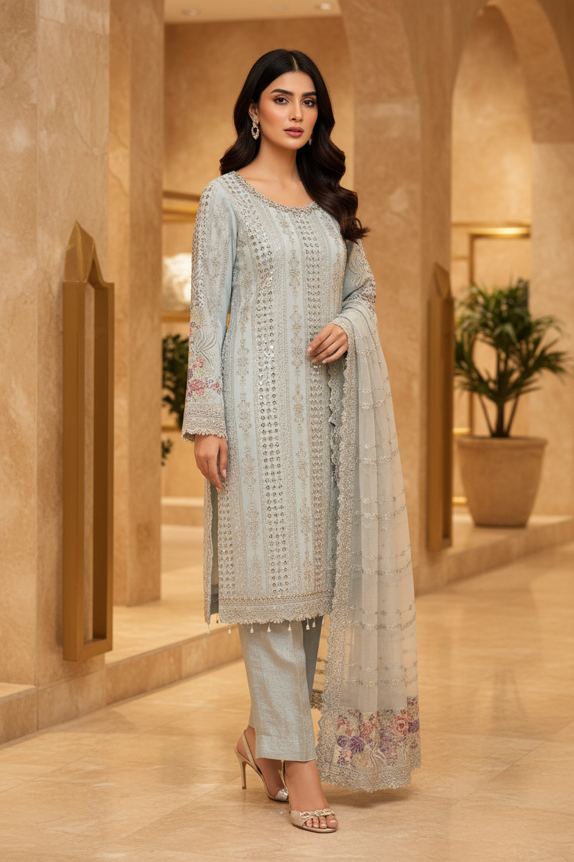 MB | Luxury Embellished Chiffon Pakistani Suit | Designer Embroidered Shalwar Kameez | 3 Piece Suit with Chiffon Dupatta | Petal Peach, Glacier Mist & Champagne Sand