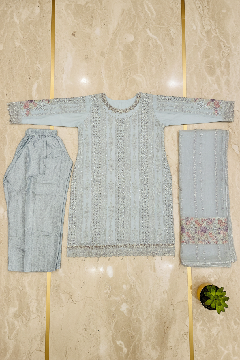 MB | Luxury Embellished Chiffon Pakistani Suit | Designer Embroidered Shalwar Kameez | 3 Piece Suit with Chiffon Dupatta | Petal Peach, Glacier Mist & Champagne Sand