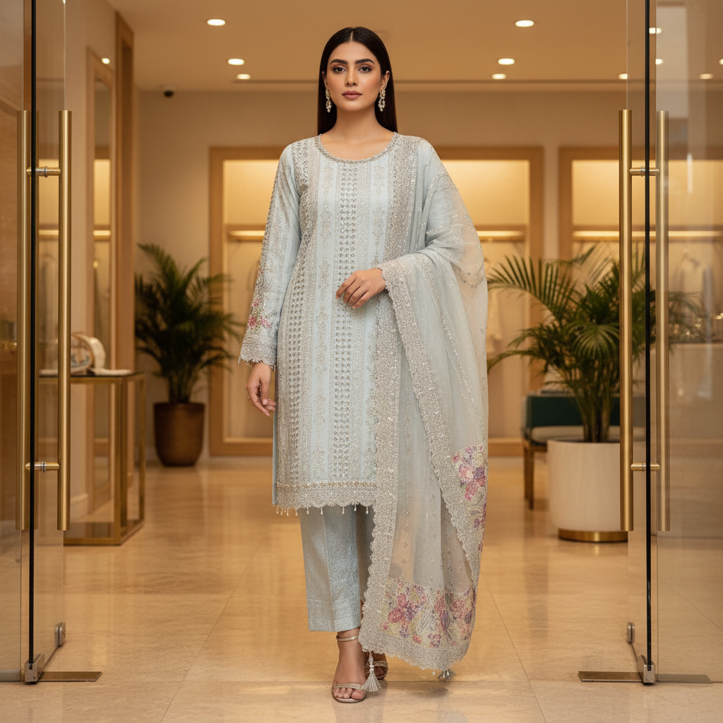 MB | Luxury Embellished Chiffon Pakistani Suit | Designer Embroidered Shalwar Kameez | 3 Piece Suit with Chiffon Dupatta | Petal Peach, Glacier Mist & Champagne Sand