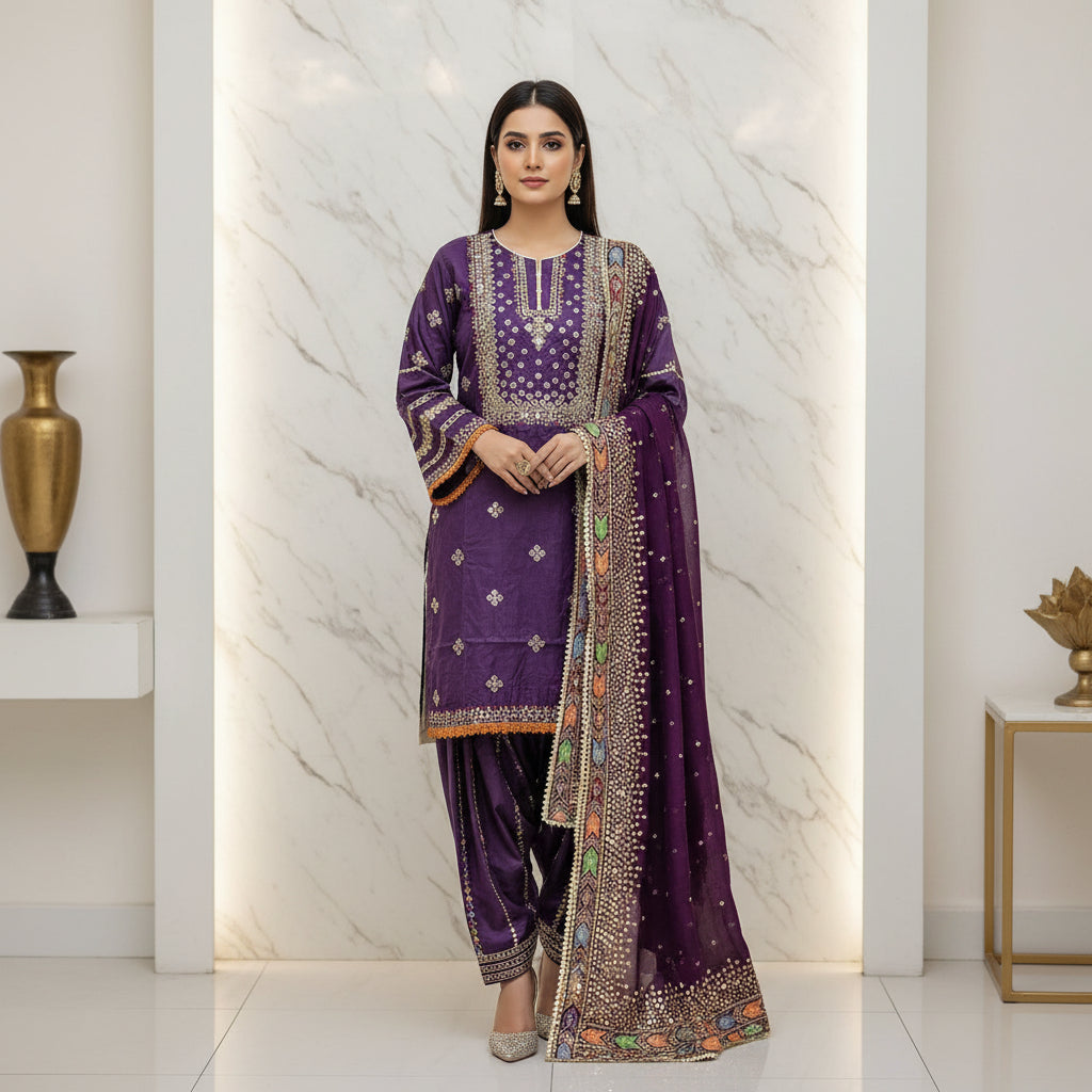 JZMN Black & Purple : Cotton Shalwar Kameez with Gotta & Thread Embroidery | Multi Colour Dupatta Border | Plus Size Casual to Festive | M to 8XL