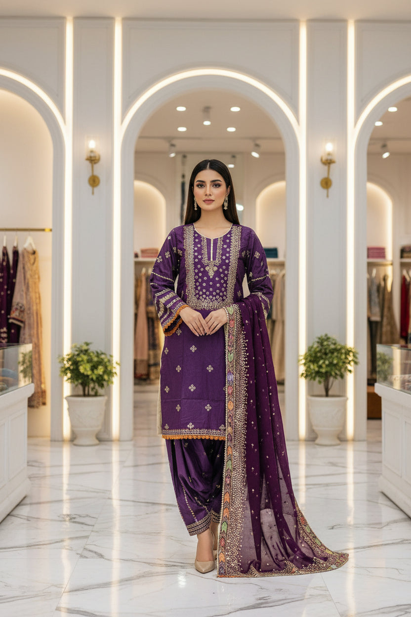 JZMN Black & Purple : Cotton Shalwar Kameez with Gotta & Thread Embroidery | Multi Colour Dupatta Border | Plus Size Casual to Festive | M to 8XL