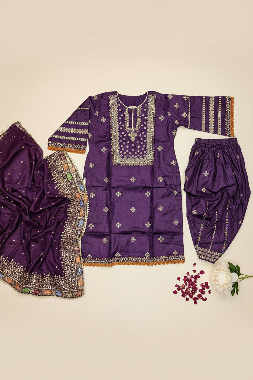 JZMN Black & Purple : Cotton Shalwar Kameez with Gotta & Thread Embroidery | Multi Colour Dupatta Border | Plus Size Casual to Festive | M to 8XL