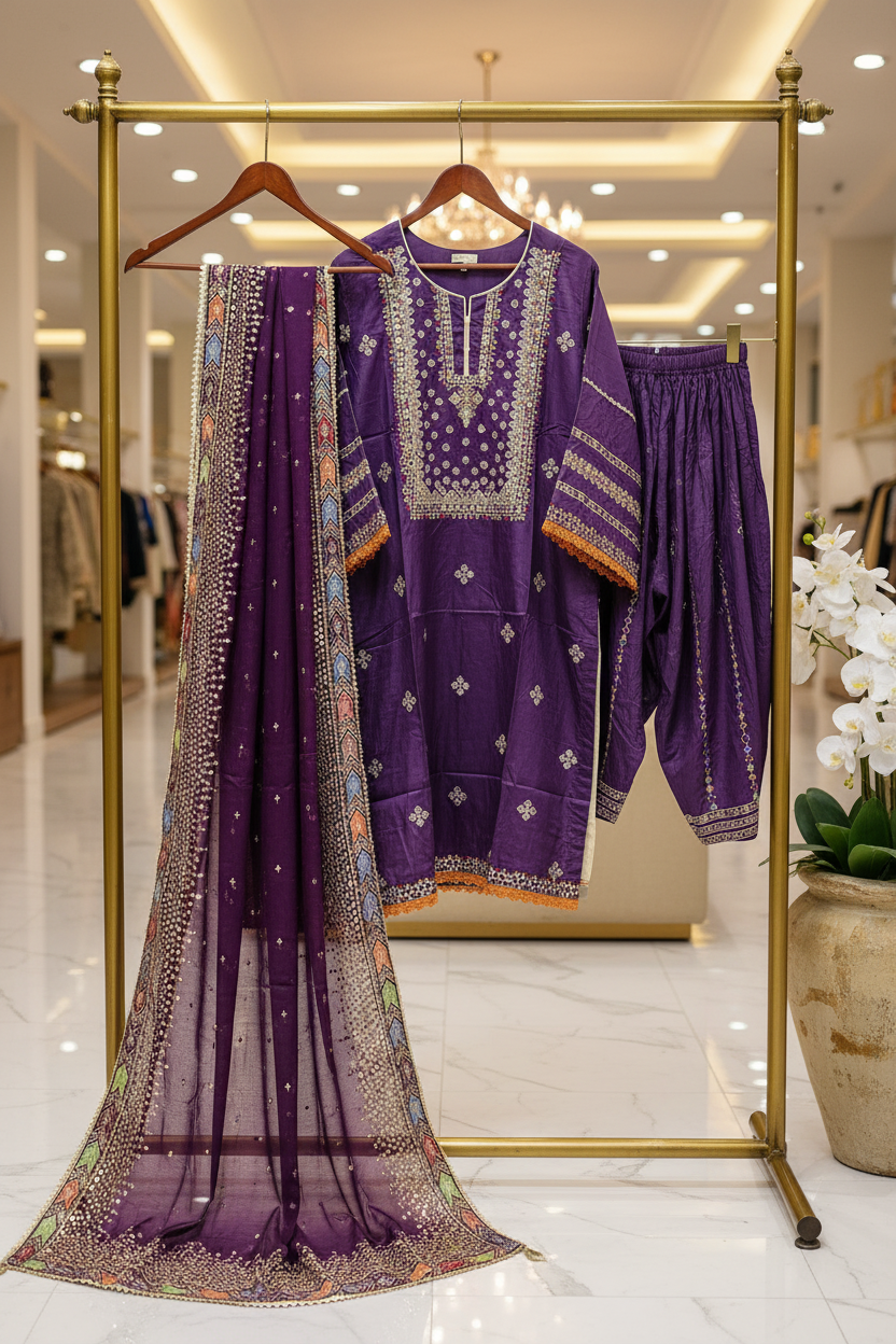 JZMN Black & Purple : Cotton Shalwar Kameez with Gotta & Thread Embroidery | Multi Colour Dupatta Border | Plus Size Casual to Festive | M to 8XL