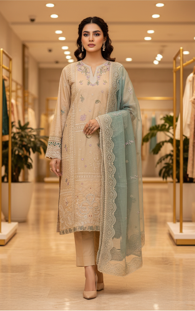 QMR | Champagne Sand | Sandstone Beige Cotton Pakistani Suit | Luxury All-Over Threadwork Embroidery | Sage Green Khadi Net Dupatta | 3 Piece Shalwar Kameez