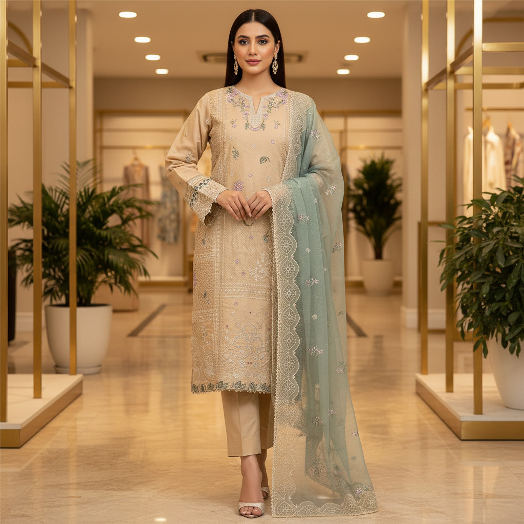 QMR | Champagne Sand | Sandstone Beige Cotton Pakistani Suit | Luxury All-Over Threadwork Embroidery | Sage Green Khadi Net Dupatta | 3 Piece Shalwar Kameez