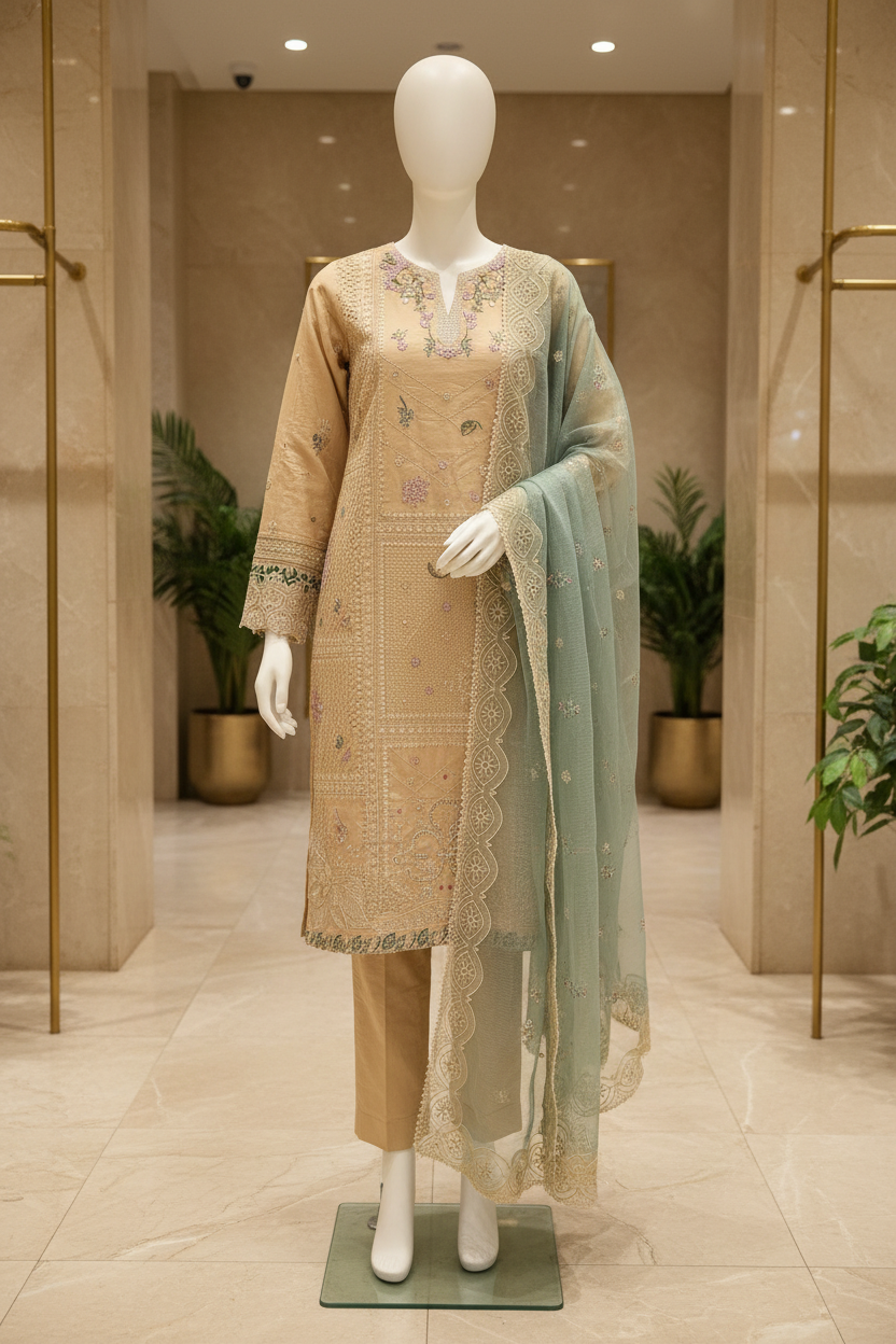 QMR | Champagne Sand | Sandstone Beige Cotton Pakistani Suit | Luxury All-Over Threadwork Embroidery | Sage Green Khadi Net Dupatta | 3 Piece Shalwar Kameez