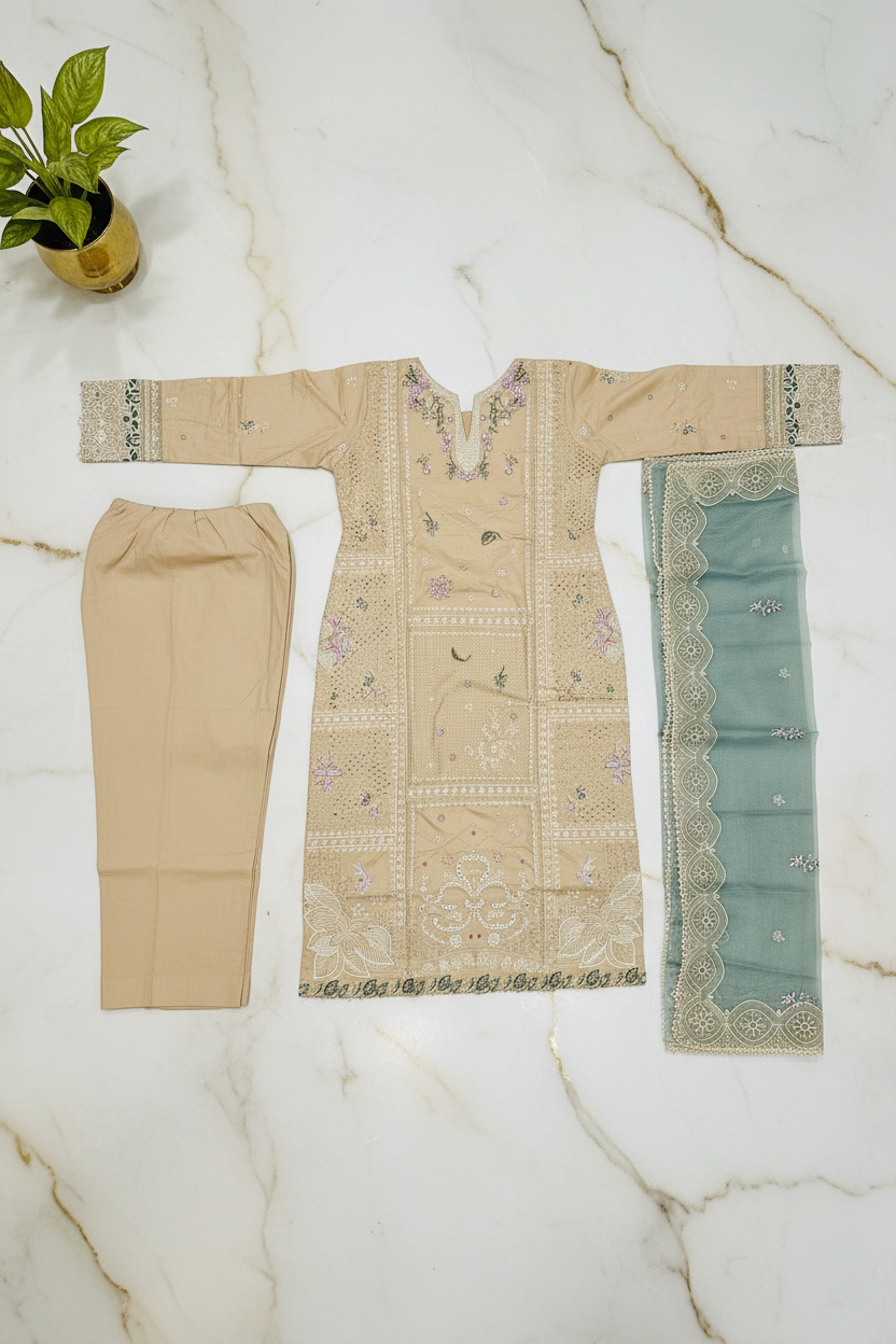 QMR | Champagne Sand | Sandstone Beige Cotton Pakistani Suit | Luxury All-Over Threadwork Embroidery | Sage Green Khadi Net Dupatta | 3 Piece Shalwar Kameez