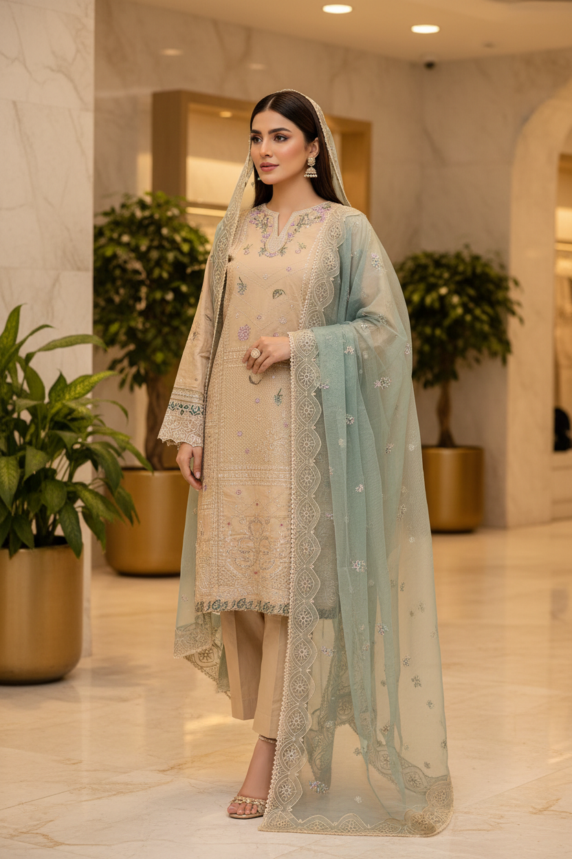 QMR | Champagne Sand | Sandstone Beige Cotton Pakistani Suit | Luxury All-Over Threadwork Embroidery | Sage Green Khadi Net Dupatta | 3 Piece Shalwar Kameez