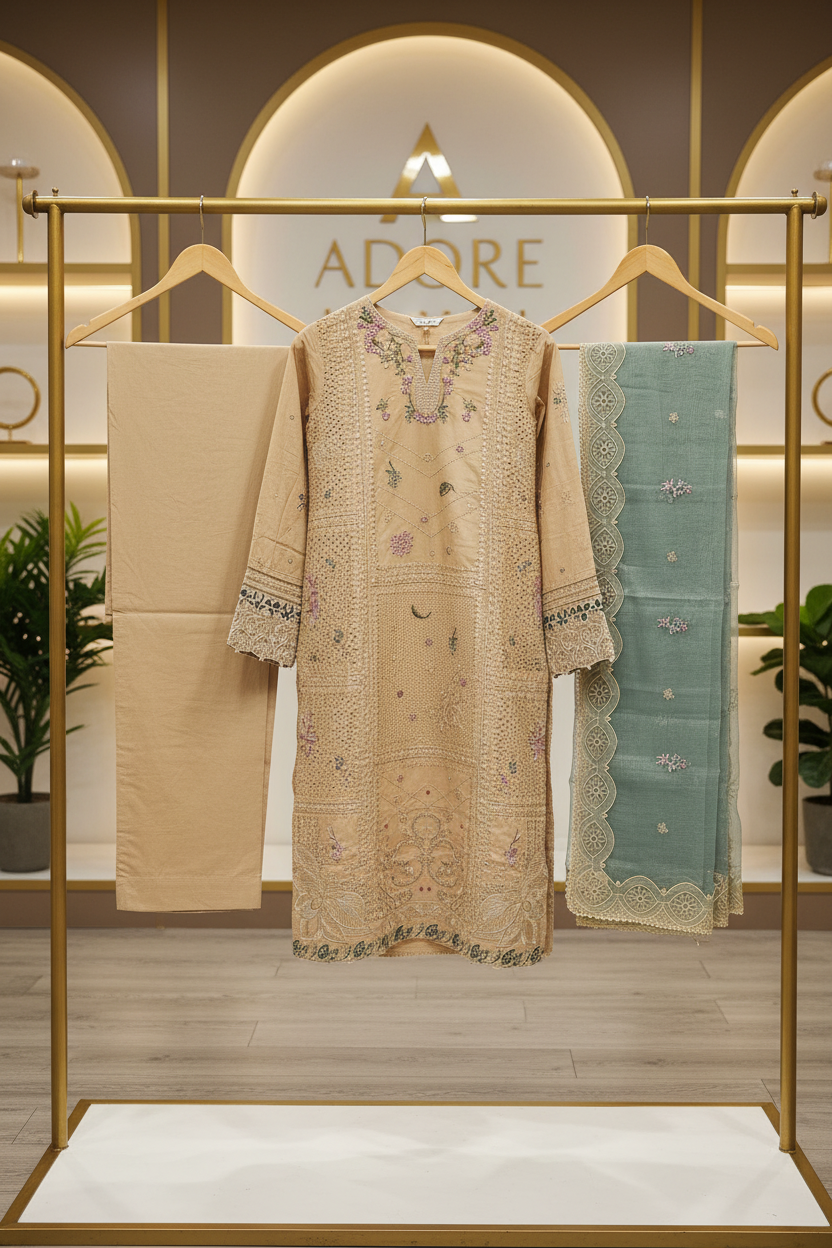 QMR | Champagne Sand | Sandstone Beige Cotton Pakistani Suit | Luxury All-Over Threadwork Embroidery | Sage Green Khadi Net Dupatta | 3 Piece Shalwar Kameez