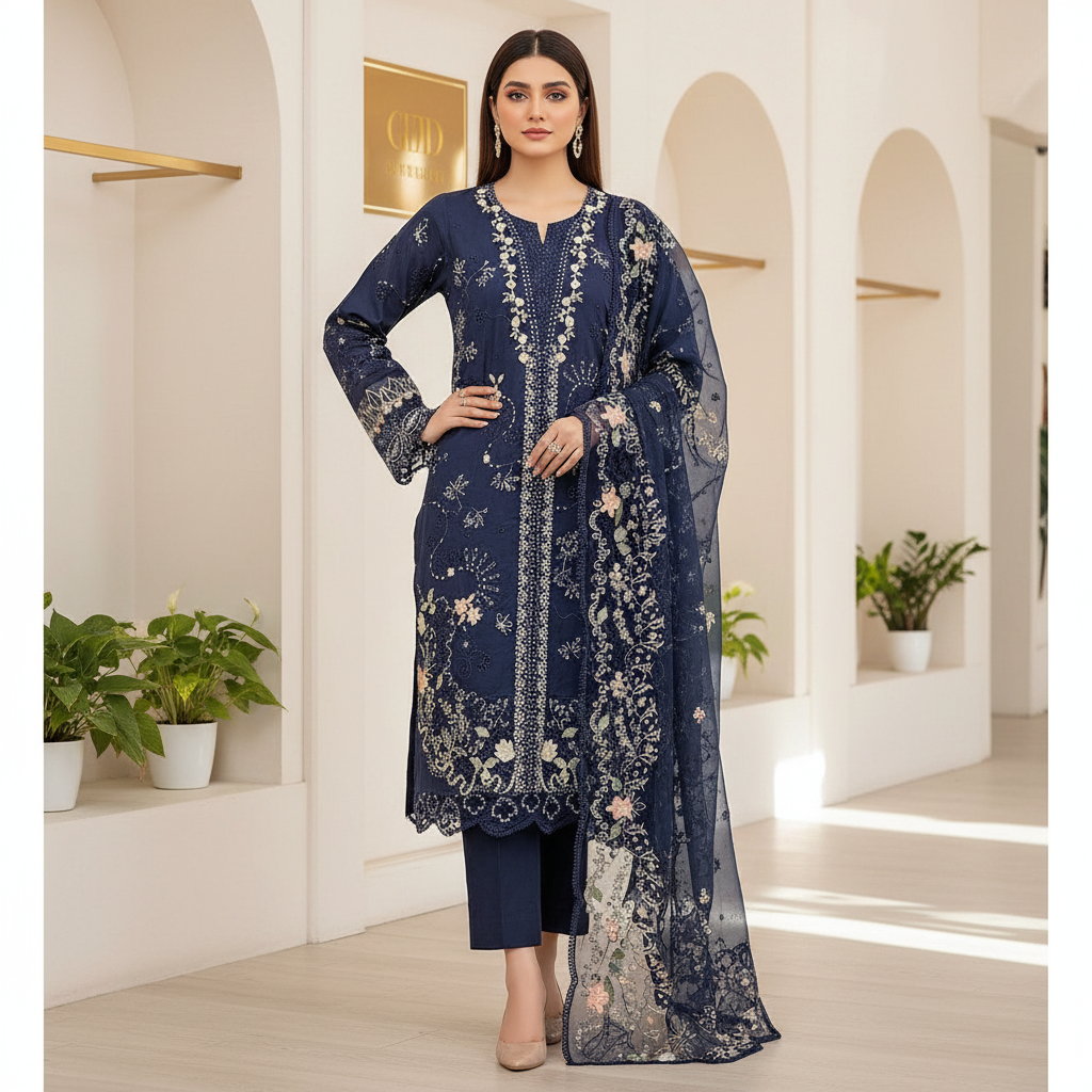 QMR | Navy Noir | Hania Aamir Style Pakistani Embroidered Suit | Heavy Machine Embroidery, Laser Cutwork & Chiffon Dupatta | 3 Piece Shalwar Kameez
