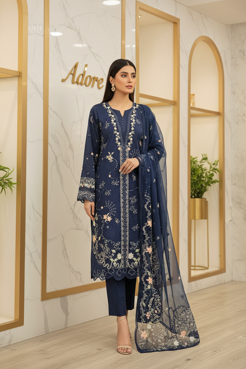 QMR | Navy Noir | Hania Aamir Style Pakistani Embroidered Suit | Heavy Machine Embroidery, Laser Cutwork & Chiffon Dupatta | 3 Piece Shalwar Kameez