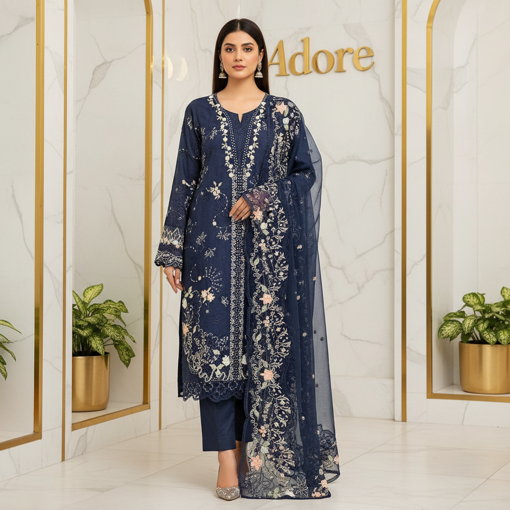 QMR | Navy Noir | Hania Aamir Style Pakistani Embroidered Suit | Heavy Machine Embroidery, Laser Cutwork & Chiffon Dupatta | 3 Piece Shalwar Kameez