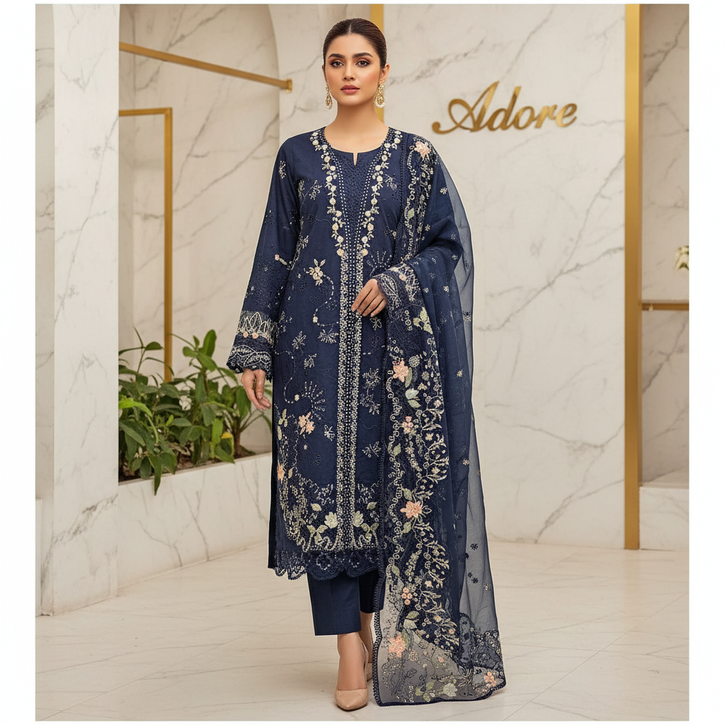 QMR | Navy Noir | Hania Aamir Style Pakistani Embroidered Suit | Heavy Machine Embroidery, Laser Cutwork & Chiffon Dupatta | 3 Piece Shalwar Kameez