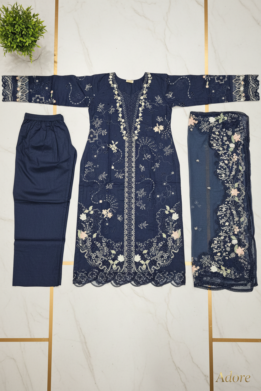 QMR | Navy Noir | Hania Aamir Style Pakistani Embroidered Suit | Heavy Machine Embroidery, Laser Cutwork & Chiffon Dupatta | 3 Piece Shalwar Kameez