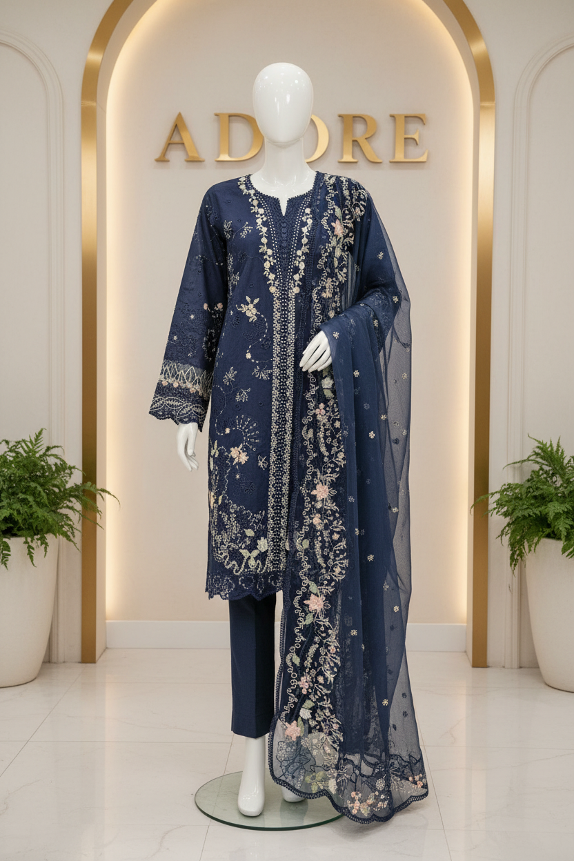 QMR | Navy Noir | Hania Aamir Style Pakistani Embroidered Suit | Heavy Machine Embroidery, Laser Cutwork & Chiffon Dupatta | 3 Piece Shalwar Kameez