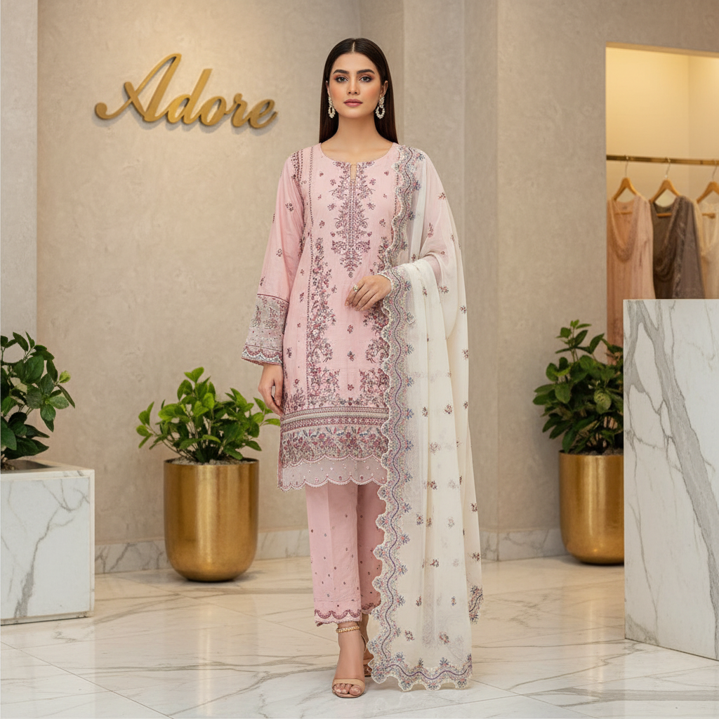 HUR | Petal Blush | Premium Cotton Pakistani Shalwar Kameez | Floral Embroidery & Cutwork Details | Luxury Organza Dupatta | 3 Piece Suit