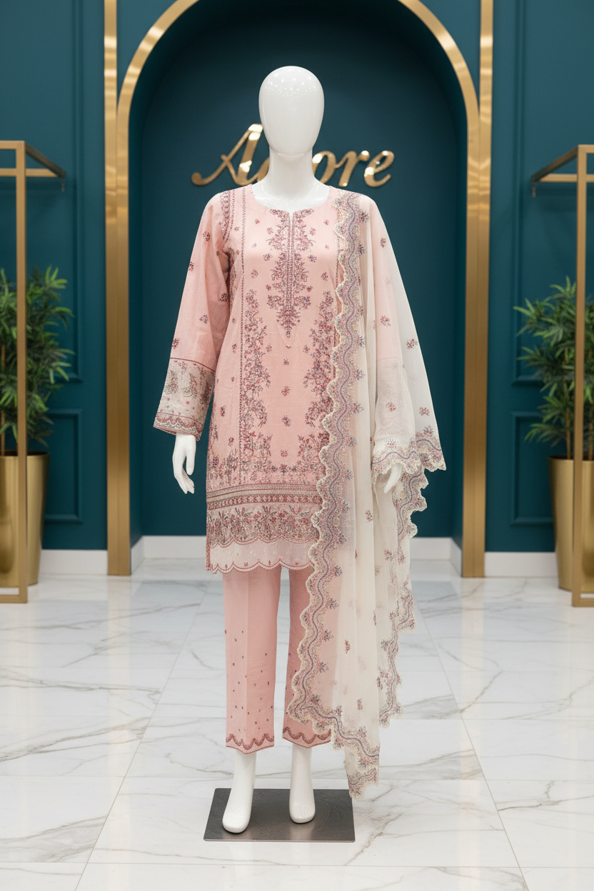 HUR | Petal Blush | Premium Cotton Pakistani Shalwar Kameez | Floral Embroidery & Cutwork Details | Luxury Organza Dupatta | 3 Piece Suit