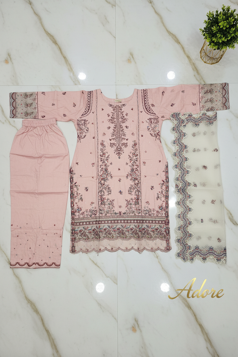 HUR | Petal Blush | Premium Cotton Pakistani Shalwar Kameez | Floral Embroidery & Cutwork Details | Luxury Organza Dupatta | 3 Piece Suit