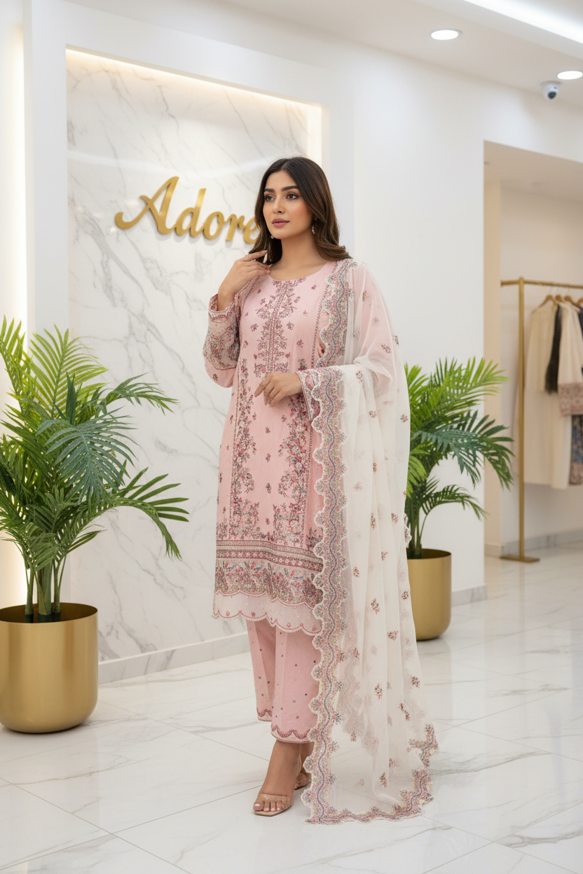 HUR | Petal Blush | Premium Cotton Pakistani Shalwar Kameez | Floral Embroidery & Cutwork Details | Luxury Organza Dupatta | 3 Piece Suit